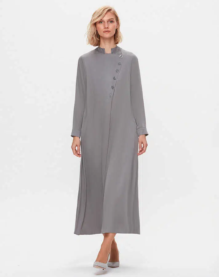 T25K-4001 MISSDALIDA RENKLİ DÜĞMELİ SATEN ELBİSE - GREY