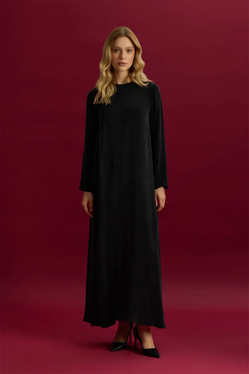 T26Y-4008 MISSDALIDA DÜZ RENK UZUN KOLLU CUPRO ELBİSE - BLACK