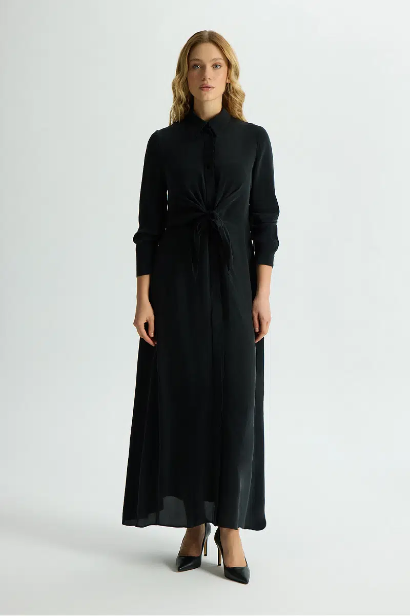 T26Y-4026 MISSDALIDA ÖN KISMI BAĞLAMA DETAYLI CUPRO ELLBİSE - BLACK