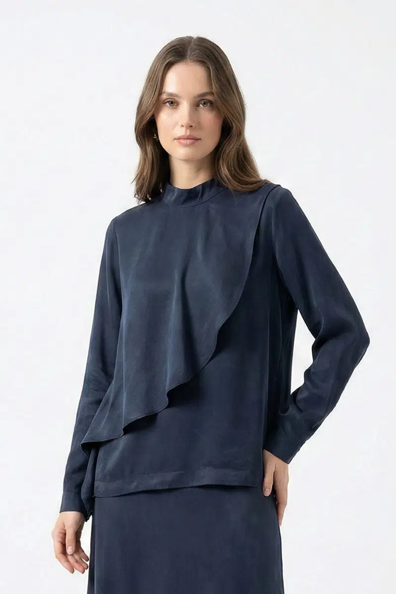 T26Y-6035 MISSDALIDA ÖN KISMI HAREKETLİ CUPRO TUNİK - DARK NAVY