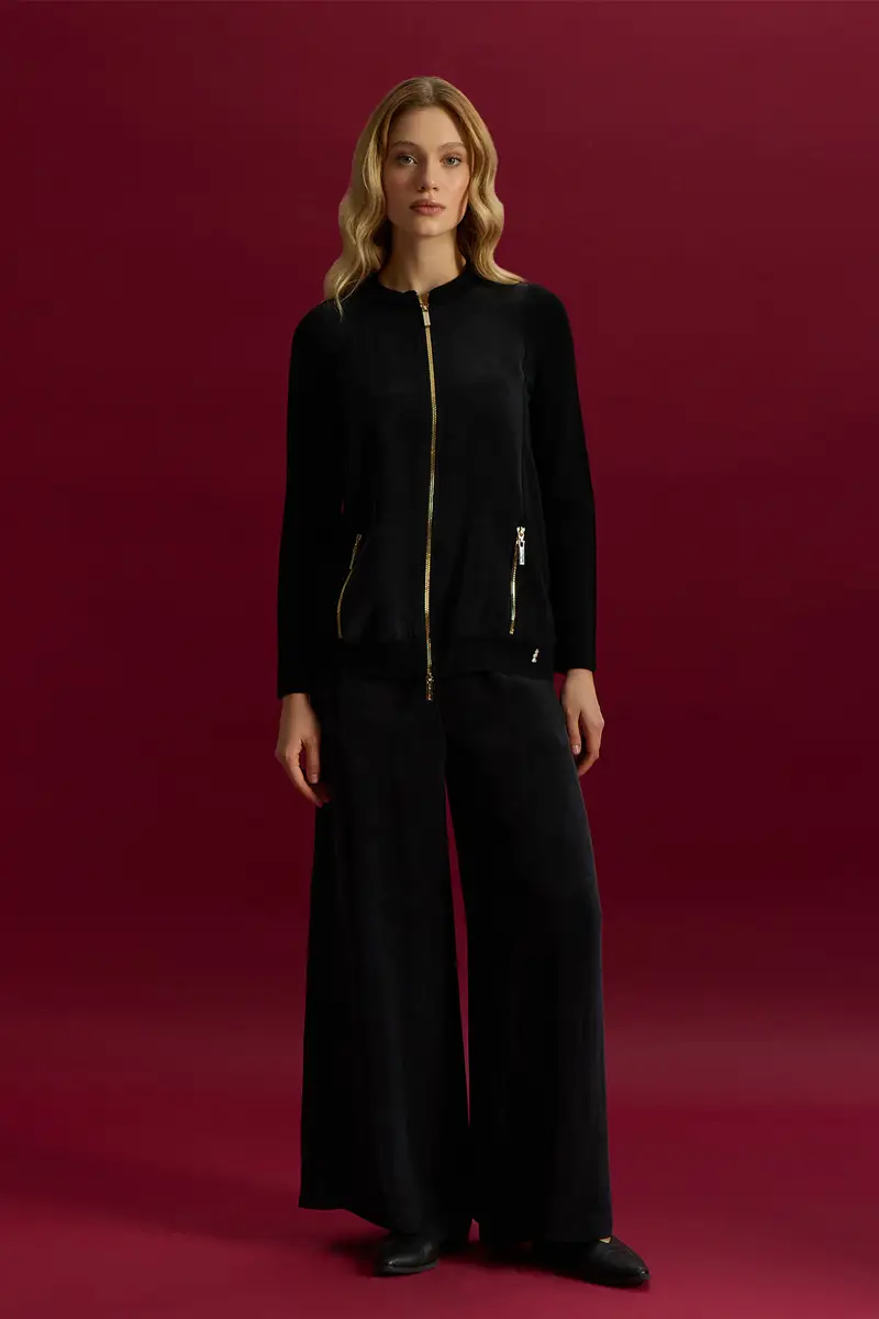 T26Y-8203 MISSDALIDA FERMUARLI CUPRO DETAYLI TRİKO CEKET - BLACK