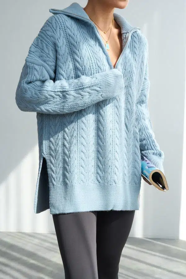 TK251066 QUSTYLE SAÇ ÖRGÜ FERMUARLI KAZAK