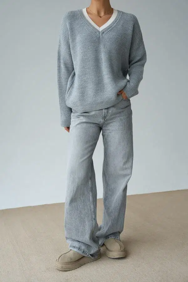 TK251076 QUSTYLE YAKASI RENKLİ KAZAK